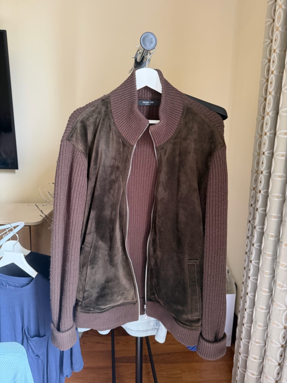Massimo Dutti Brown Genuine Suede & Knit Zip-Up Sweater Jacket Size True Large.